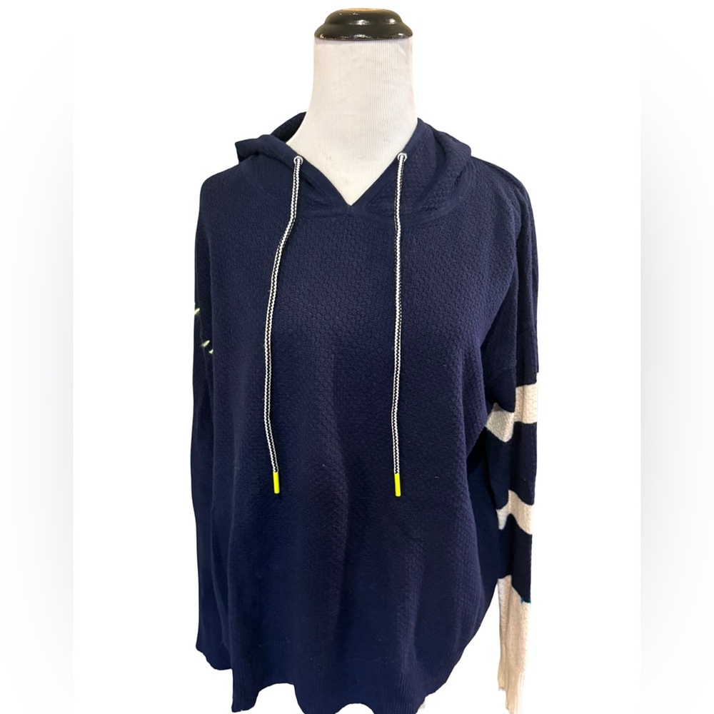 Lisa Todd Navy Blue Hooded Sweater with Striped Sleeves — Size L